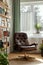 Stylish composition of home office interior with design retro armchair, library, plant, window, books, decoration.