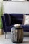 Stylish composition at living room interior with design ceramic stool, velvet sofa, pillows, plants, hand tray.