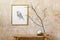 Stylish composition at living room interior with design clock, wooden bench, dried flowers in vase, grunge wall, gold mock up