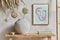 Stylish composition of living room interior with mock up poster frame, bench in retro style, clay vase and books. Rustic.