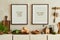 Stylish composition of modern kitchen interior design with mock up poster frames, beige sideboard, vegetables and retro.