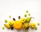 Stylish composition of pumpkins, fruits, flowers, cones. Top view on white background. Autumn flat lay