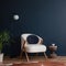 Stylish compositon of elegant living room interior design with fluffy armchair and modern home accessories. Blue wall. Home