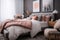 Stylish cosy pink and grey bedroom interior design modern style, feminine bedroom. generative ai
