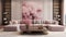 Stylish and cozy modern living room interior with pink toned color scheme and artistic wall decor