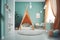 Stylish and cozy playroom for children with a modern interior design and a cute wigwam