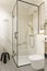 Stylish and creative minimalistic bathroom interior design. Spacious home in modern style.