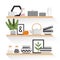 Stylish crockery, plants and pictures in a Scandinavian style on wooden shelves. Elements of interior. Vector illustration