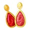 Stylish dangling drop shape yellow gold earrings or earclips with red gemstones.