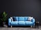 Stylish dark living room interior with blue sofa mock up, modern interior background, empty black wall mockup, 3d illustration
