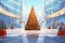 Stylish decorated modern shopping center with Christmas tree. Holiday glass showcases with a sale. Artistic illustration. Merry