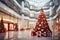 Stylish decorated modern shopping center with Christmas tree. Holiday glass showcases with a sale. Artistic illustration. Merry