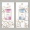 Stylish design parfum with graphic illustration of magnolia and orchid flowers on abstract watercolor background.