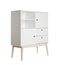 Stylish dresser with empty shelves on white background.