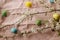 Stylish easter eggs and blooming cherry flowers on rustic table. Happy Easter! Rustic easter still life. Natural painted eggs and