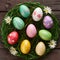 Stylish Easter flat lay painted eggs, spring flowers, rustic charm