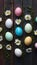 Stylish Easter flat lay painted eggs, spring flowers, rustic charm