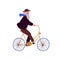 Stylish elderly man riding bicycle flat vector illustration. Trendy grandfather at urban vehicle. Retired male cartoon