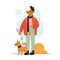 Stylish elderly woman walking on the street with a dog. Modern happy granny on a walk. Hand drawn cartoon grandmother in casual