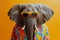 a stylish Elephant wearing sunglasses and summer suit on color background, animal funny pop art