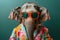 a stylish Elephant wearing sunglasses and summer suit on color background, animal funny pop art