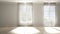 Stylish empty room with panoramic windows, parquet wooden floor, classic shutters, white curtains. White background with copy