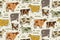 Stylish Ethnic Cows family on meadow. Seamless pattern background. Vector Illustration