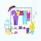 Stylish fashion clothes hanging on hangers .Organized women`s summer wardrobe. Clothes storage. flat vector illustration