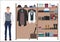 Stylish fashion man and men`s wardrobe. Vector Men`s dressing room design. Clothes and shoes on hangers.