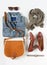 Stylish female clothes set. Woman/girl outfit on white background. Blue denim jacket, gray scarf, vintage crossbag, brown shoes, h