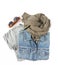 Stylish female clothes set. Woman/girl outfit on white background. Blue denim jacket, gray t-shirt, scarf and retro sunglasses. Fl