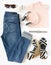 Stylish female clothes set. Woman/girl outfit on white background. Blue jeans, pink t-shirt, stripe wedges, headphones, hand watch