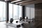 Stylish fitness class interior with sport equipment and panoramic window