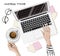Stylish flat lay with laptop hands coffee cup eyeglasses notes on table. Working time.