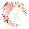 Stylish floral vector round frame with ranunculus, peony, rose, green plants and small robin bird on white