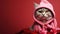 Stylish funny cat wearing fashion pink hoodie on red pink background