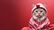 Stylish funny cat wearing fashion pink hoodie on red pink background