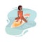 Stylish girl in sunglasses sits on a surfboard. Surfer sunbathing and relaxing in sea. Flat cartoon vector illustration.