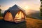 Stylish glamping tent in mountains at sunset. Generative AI