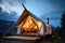 Stylish glamping tent in mountains at sunset. Generative AI