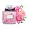 Stylish glass bottle of perfume decorated with flowers perfect for Valentine\\\'s day or Mother\\\'s day designs.