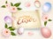 Stylish glittering text happy easter decorated with realistic flowers and eggs.