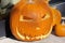 Stylish Golden Halloween pumpkin decoration of streets, cafes, buildings in Sunny autumn day. creating an atmosphere of