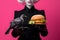 stylish goth burger, black gloves hamburger, burger ad,