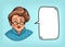 Stylish grandmother with retro hairstyle, glasses, red lipstick. Portrait of elderly woman and speech bubble for text