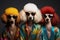 A stylish group of three poodles are impeccably groomed, accessorized and wearing colorful clothing