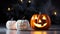 Stylish Halloween pumpkins with spooky festive dark background. Trick or treat decoration concept. Generative AI