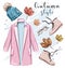 Stylish hand drawn autumn clothing outfit. Fashion clothes and accessories set. Sketch.