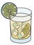 Stylish hand-drawn doodle cartoon style gin tonic in balloon cocktail glass garnished with lemon and rosemary branch