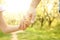 Stylish hands of a parent and child in the nature in a park background